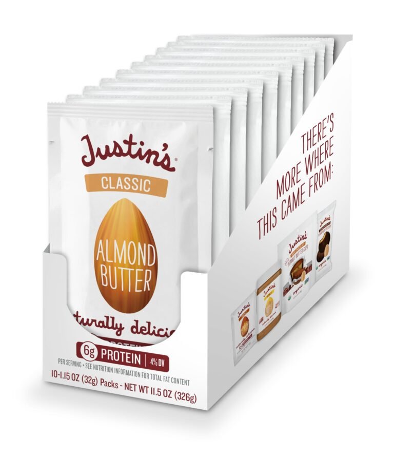Box of ten Justin's Classic Almond Butter single-serve packets