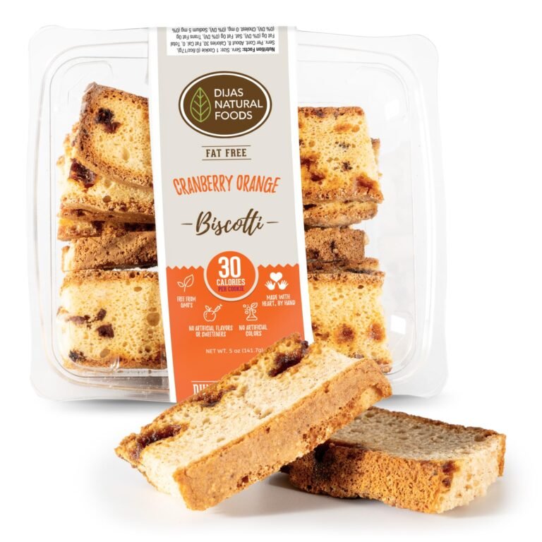 Cranberry orange biscotti in clear plastic packaging