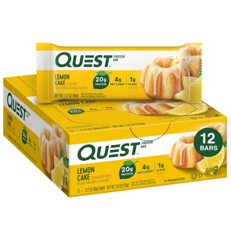 Twelve Quest Lemon Cake protein bars; 20g protein, 4g net carbs, 1g sugar per bar