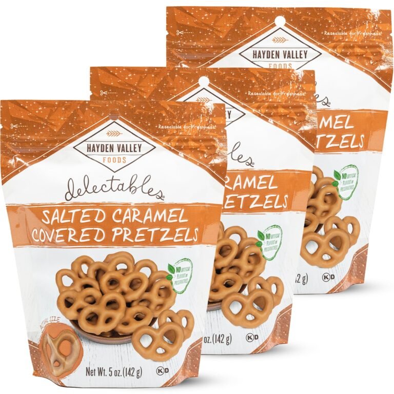 Three bags of Hayden Valley Foods salted caramel pretzels