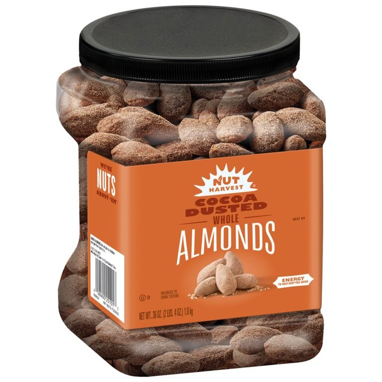 Large jar of cocoa dusted whole almonds