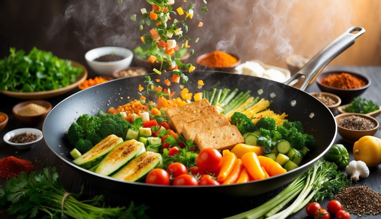 A colorful array of fresh vegetables and tofu sizzling in a wok, surrounded by an assortment of herbs and spices