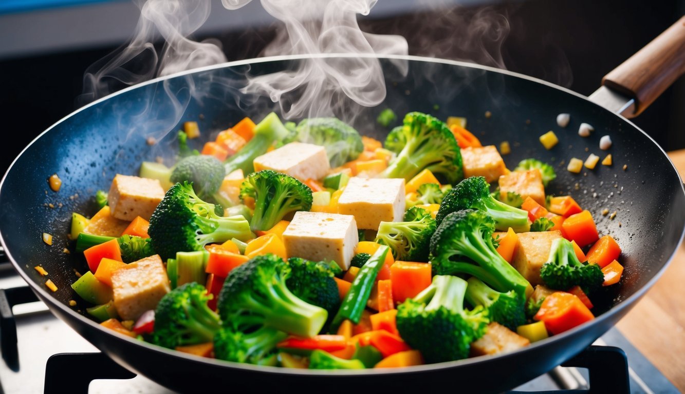 A sizzling wok filled with colorful broccoli, tofu, and vibrant vegetables, emitting aromatic steam