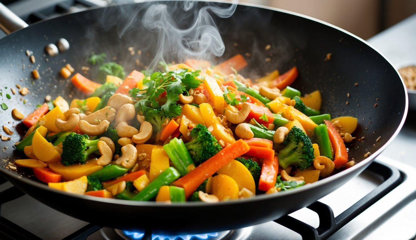 A sizzling wok filled with colorful vegetables and cashews, steam rising as they are tossed together in a flavorful stir fry sauce