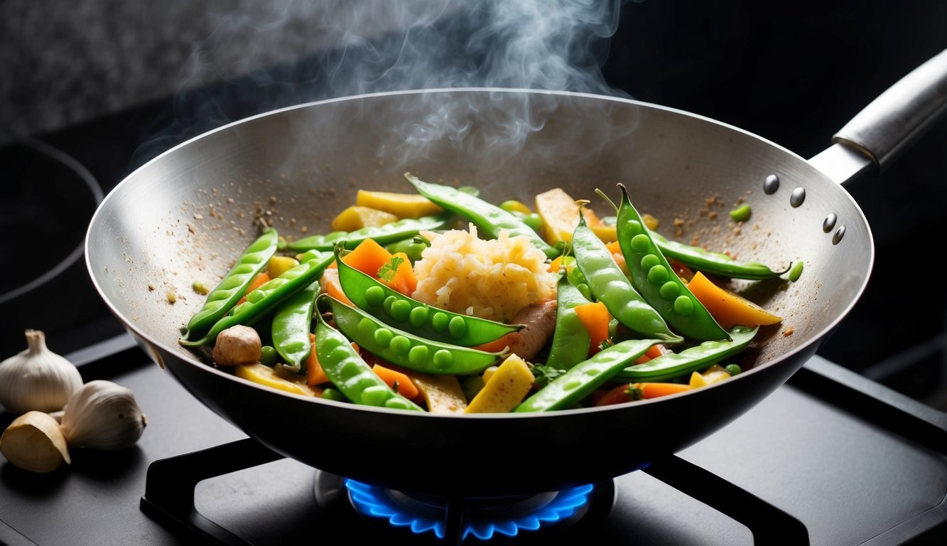 A sizzling wok filled with colorful snap peas, ginger, and garlic, emitting a mouthwatering aroma