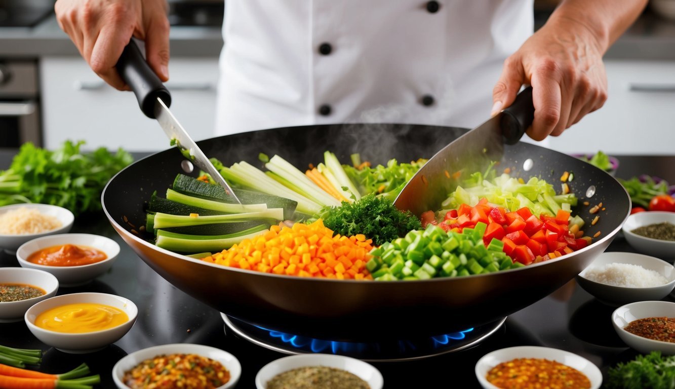 A colorful array of fresh vegetables being chopped and sizzling in a wok, surrounded by an assortment of flavorful sauces and seasonings