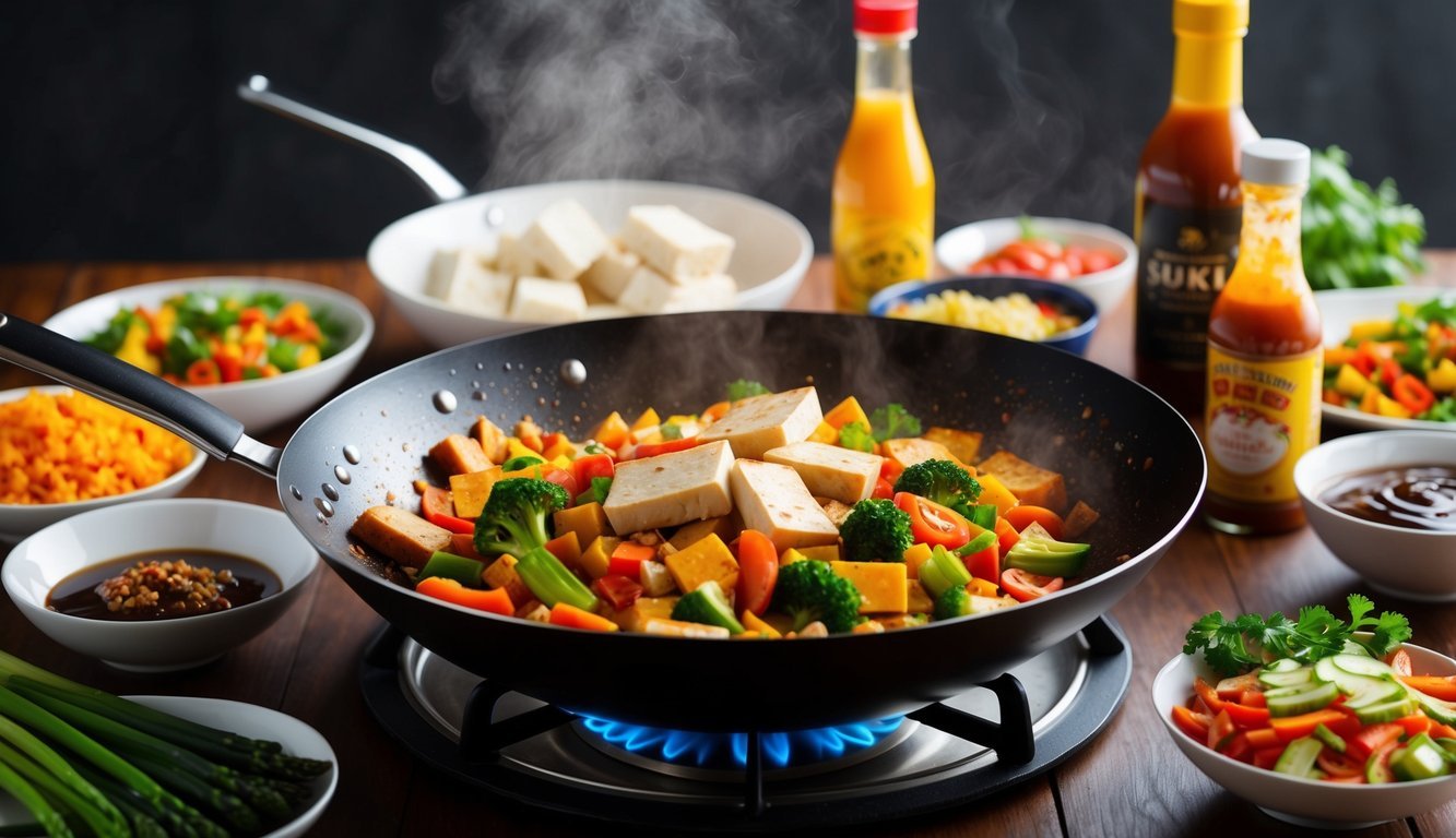 A sizzling wok filled with colorful vegetables and tofu, surrounded by bowls of fresh ingredients and bottles of savory sauces