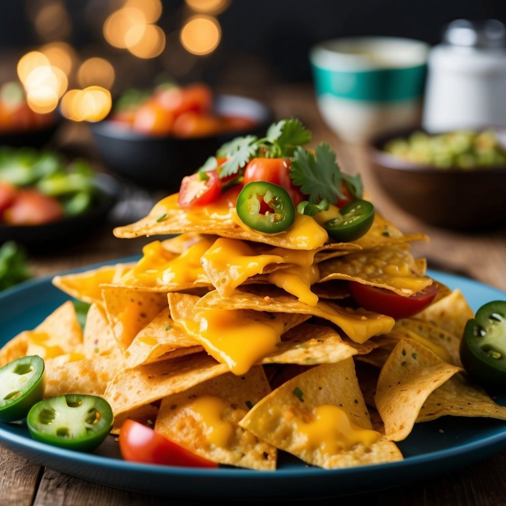 A pile of golden tortilla chips covered in melted cheese and topped with various colorful ingredients like tomatoes, jalapenos, and cilantro