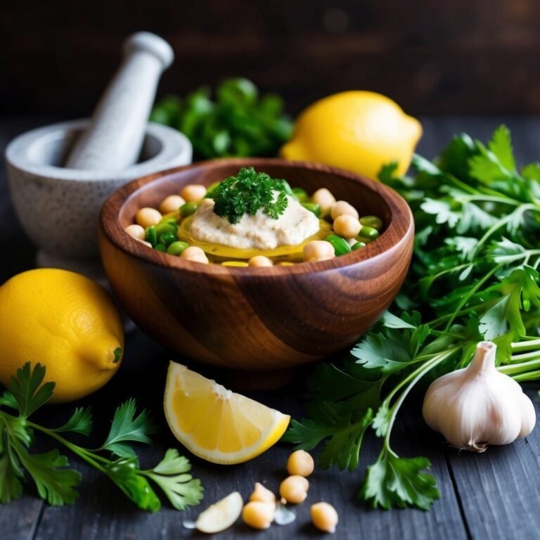 Wooden bowl of hummus with chickpeas, parsley, and lemon