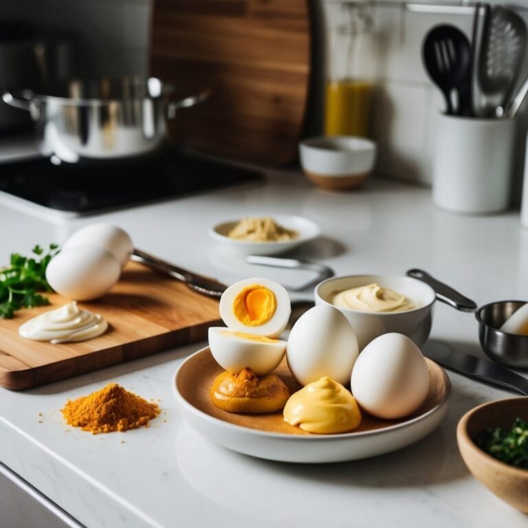 Hard-boiled eggs, mayonnaise, and turmeric on a plate