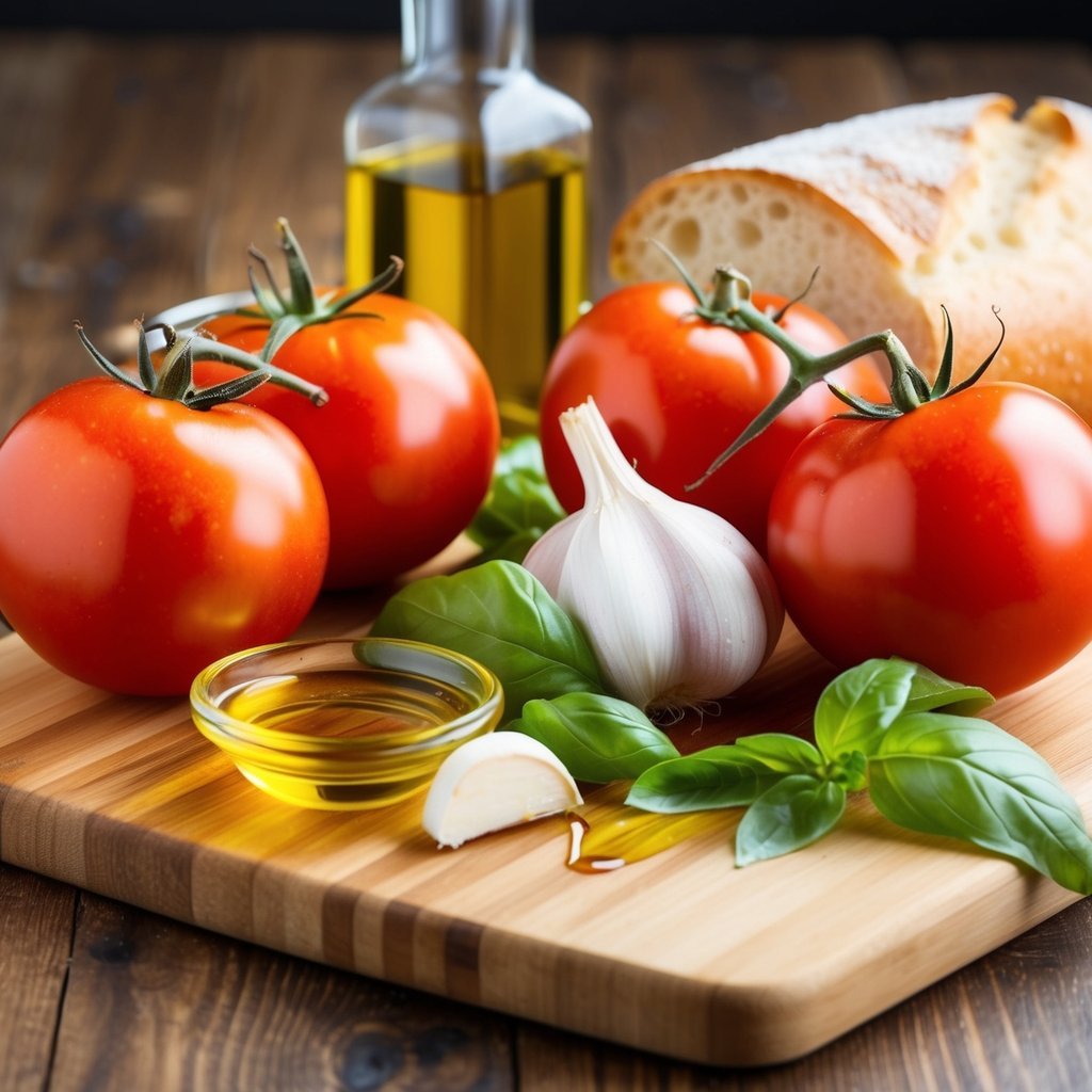 Fresh tomatoes, basil, garlic, and olive oil on a wooden cutting board.</p><p>A loaf of crusty bread sits nearby