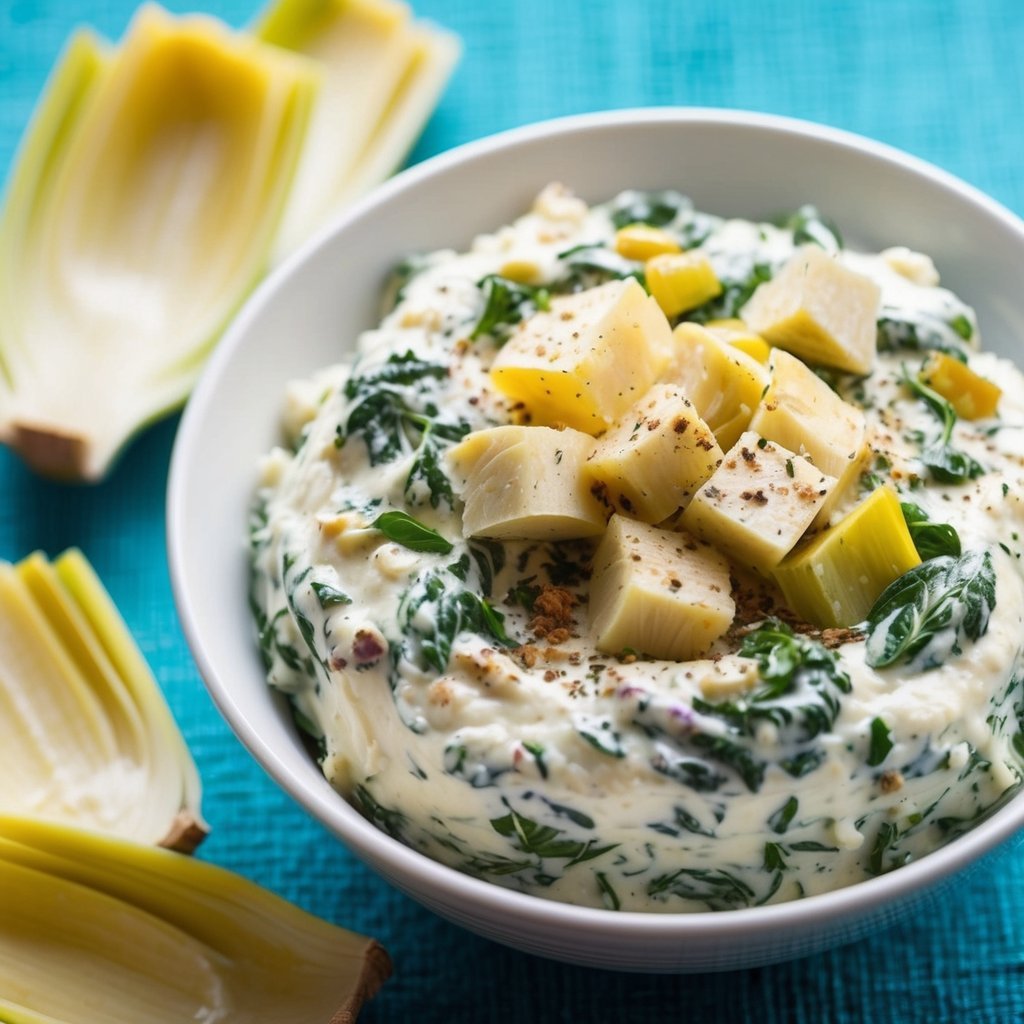 A bowl of spinach, artichokes, cream cheese, and seasonings mixed together in a creamy dip