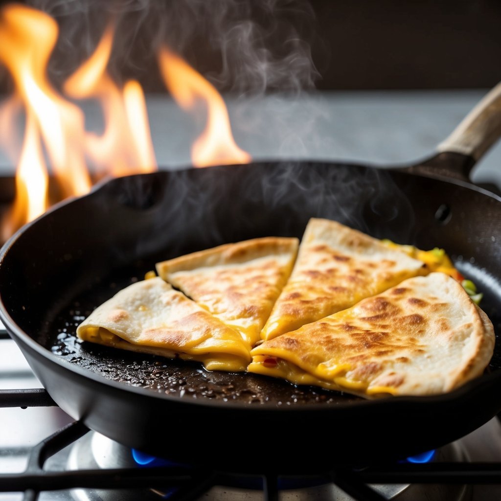 A skillet sizzling with a golden-brown cheese quesadilla cooking over a medium flame