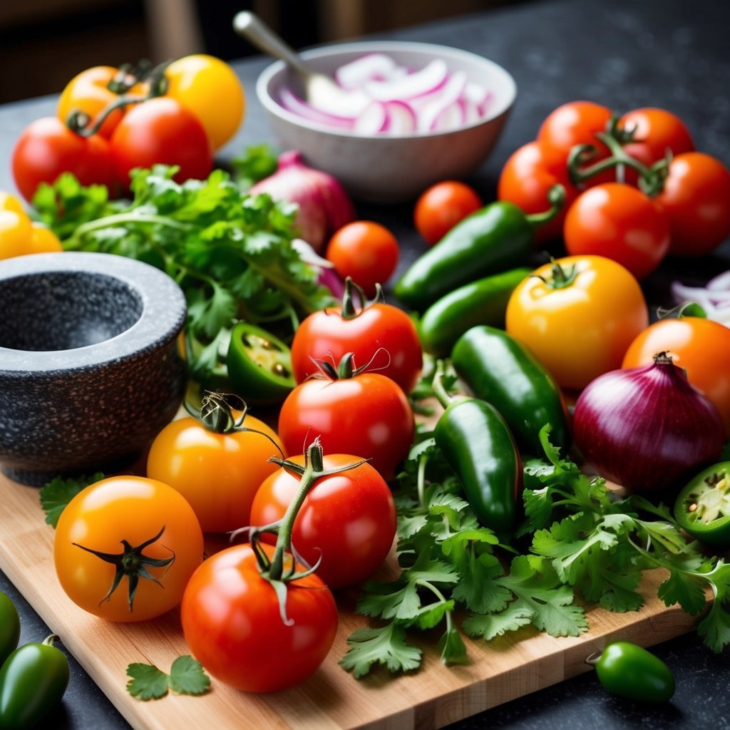 A colorful array of fresh tomatoes, onions, cilantro, and jalapeños arranged on a cutting board, surrounded by a mortar and pestle, and a bowl