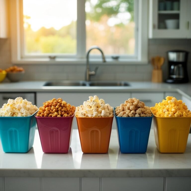 Five colorful buckets of popcorn in various flavors
