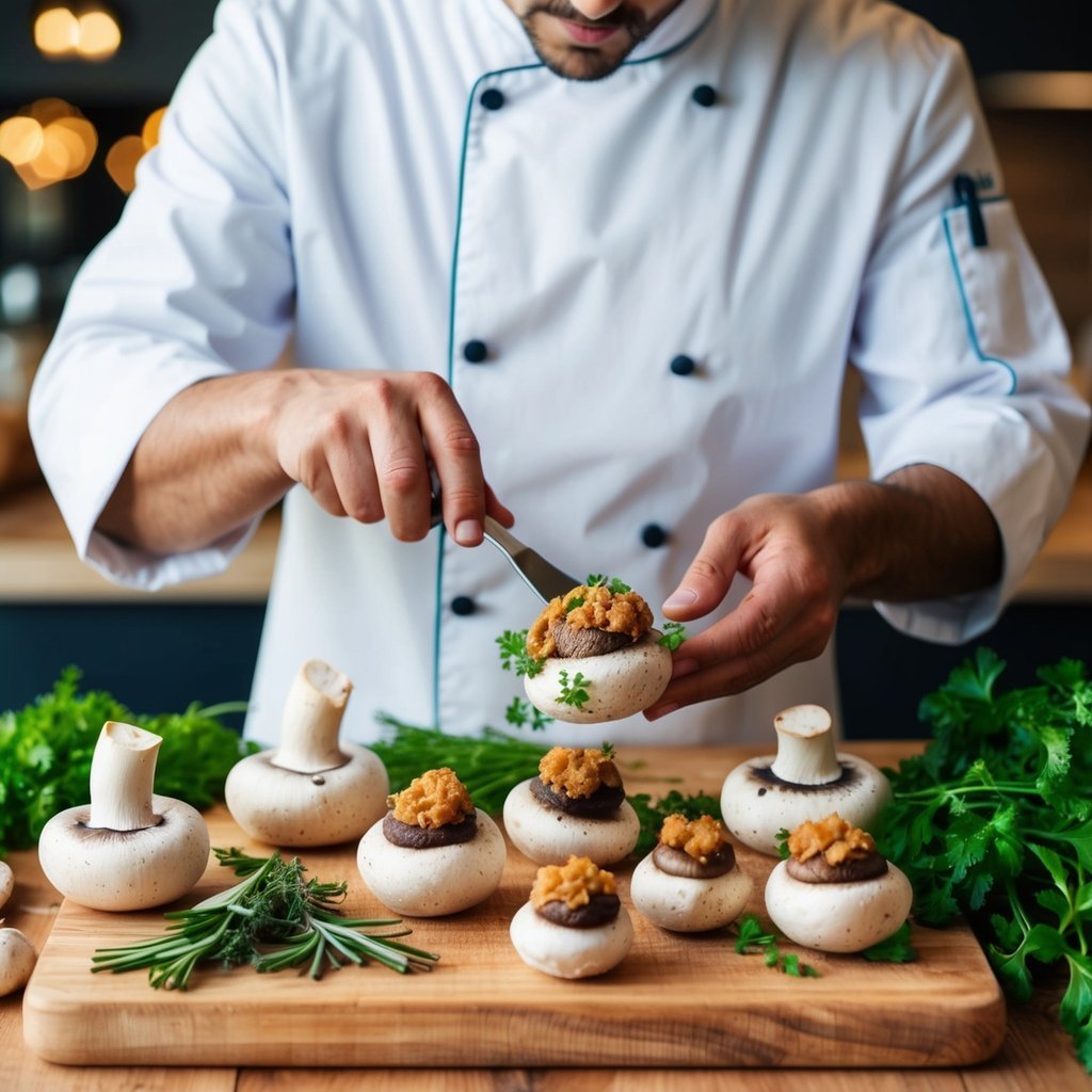 A chef carefully selects and stuffs a variety of mushrooms with a savory filling, surrounded by fresh herbs and ingredients on a wooden cutting board