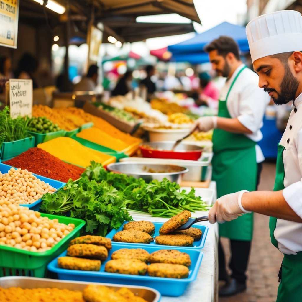 A bustling outdoor market with colorful stalls selling fresh chickpeas, fragrant spices, and vibrant herbs, while a chef expertly shapes and fries falafel patties