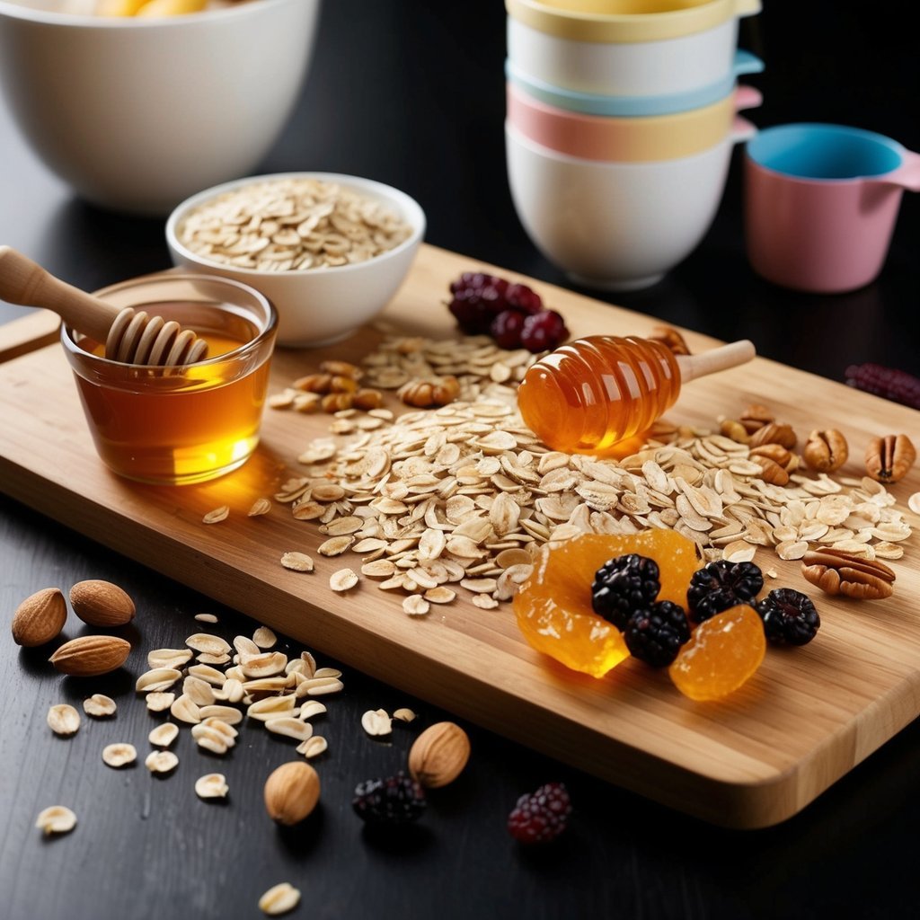 A wooden cutting board with scattered oats, nuts, honey, and dried fruits.</p><p>A mixing bowl and measuring cups sit nearby