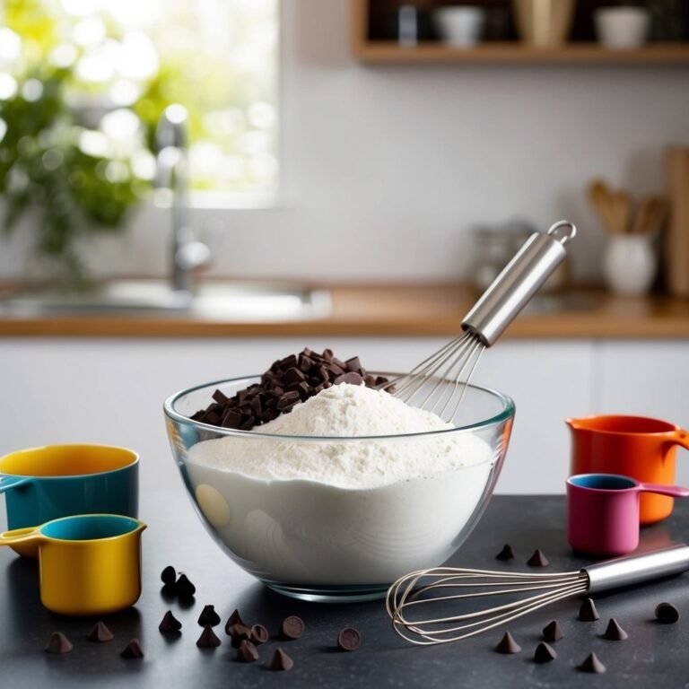 Glass bowl of flour, chocolate chips, and whisks