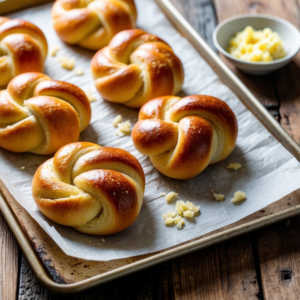 A rustic wooden table with a freshly baked batch of golden-brown, buttery garlic knots arranged on a parchment-lined baking sheet.</p><p>A small dish of melted butter and minced garlic sits nearby