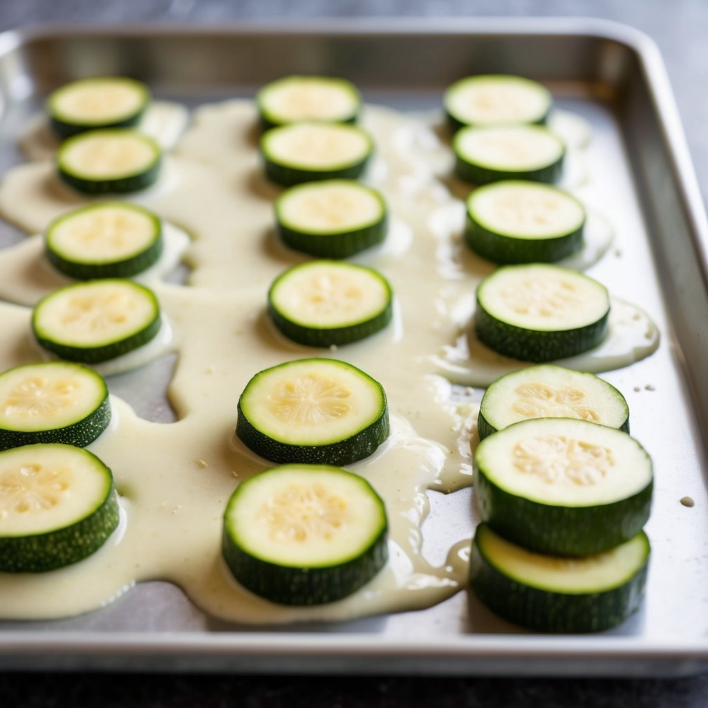 Fresh zucchinis being sliced into thin rounds, coated in batter, and laid out on a baking sheet before being placed in the oven