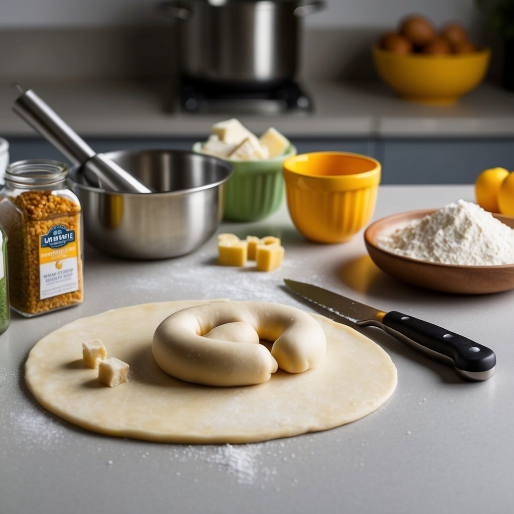 A kitchen counter with ingredients and utensils for making soft pretzel bites.</p><p>Dough being rolled and cut into small pieces