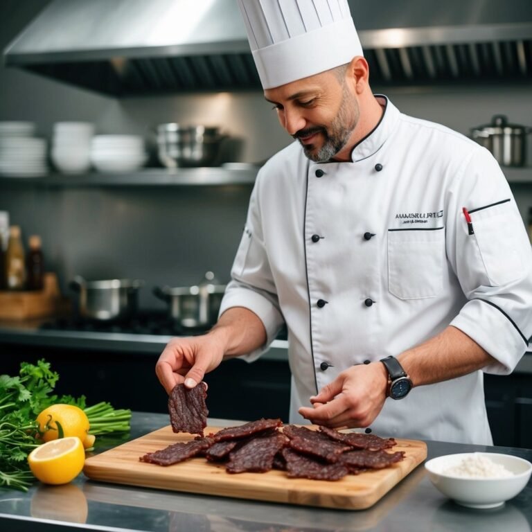 Chef arranging beef jerky on wooden board