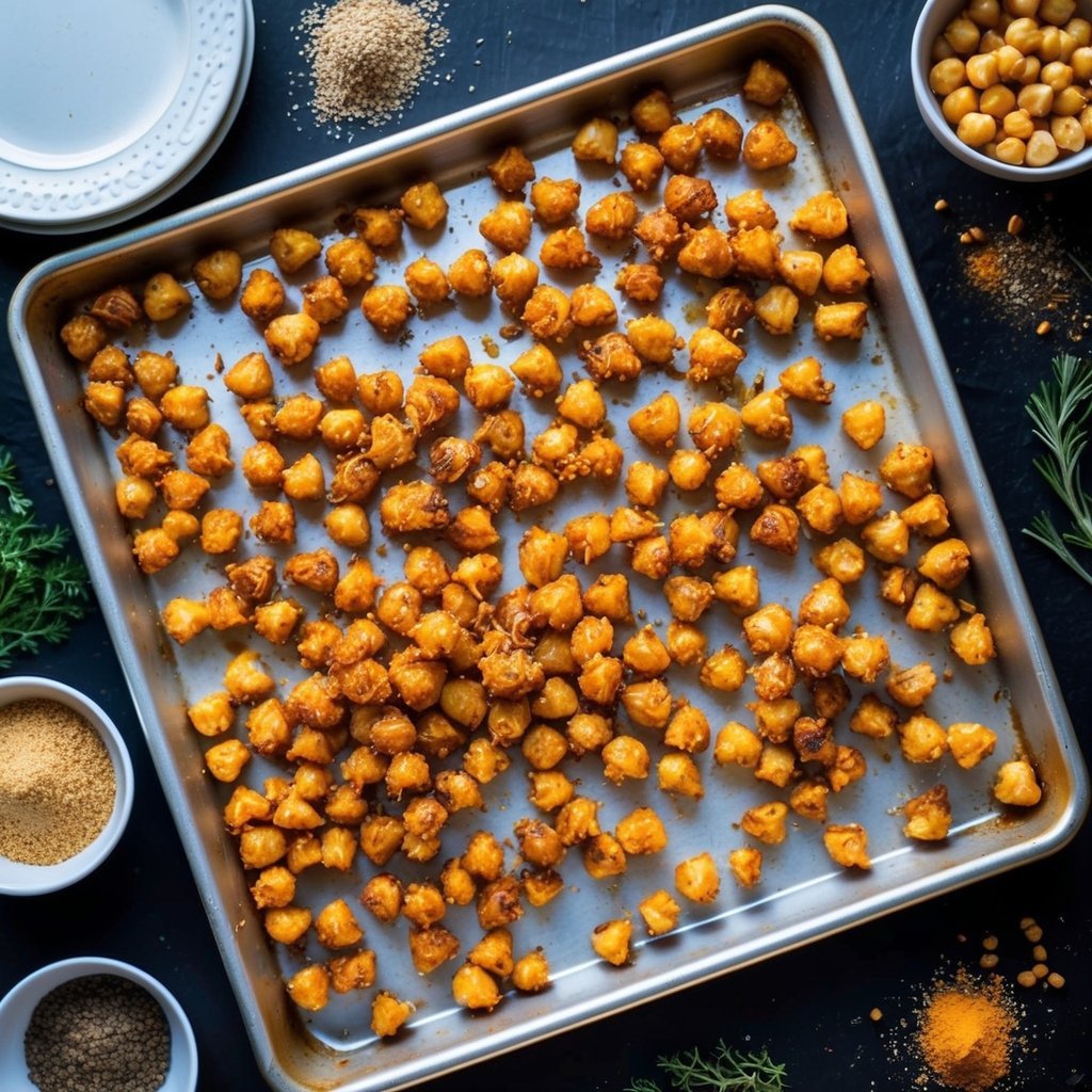 A baking sheet filled with golden, crispy roasted chickpeas, surrounded by scattered spices and herbs