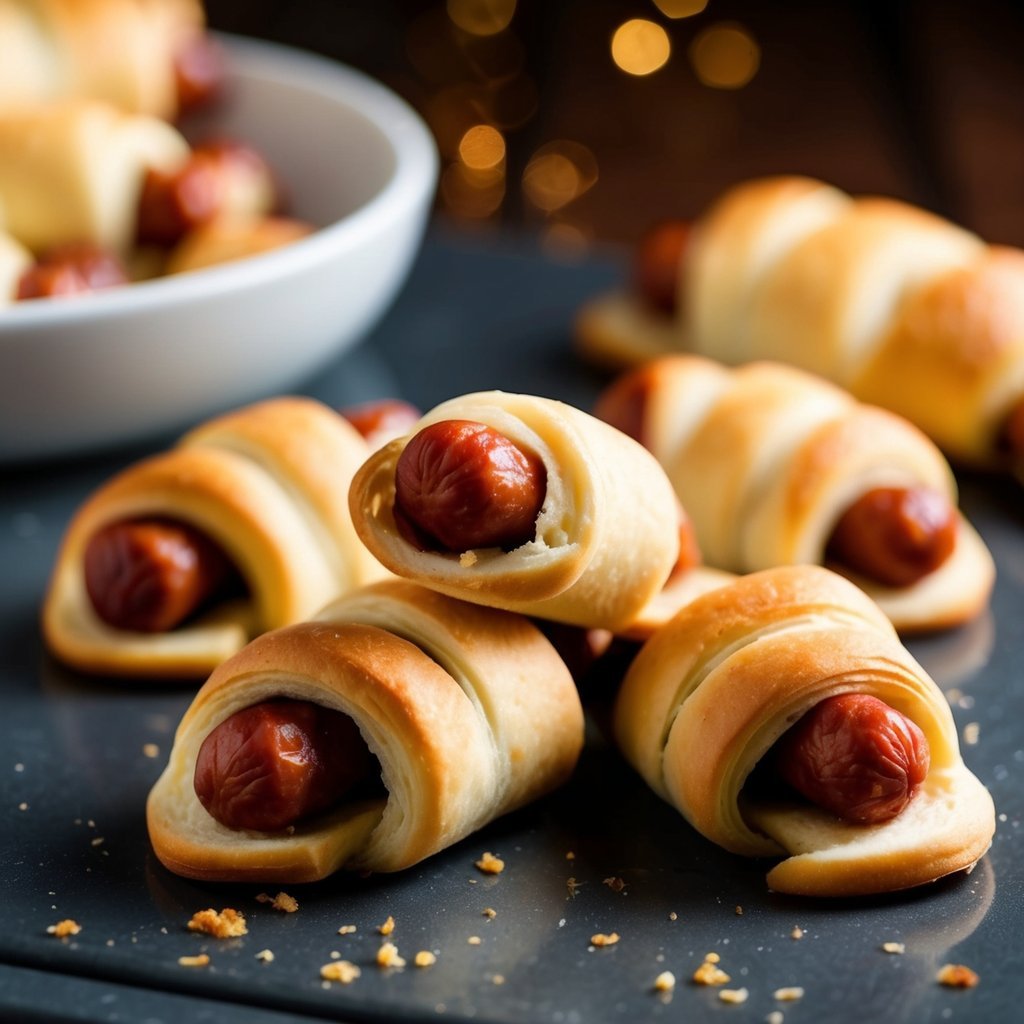 Mini sausages wrapped in crescent roll dough, baked to golden perfection