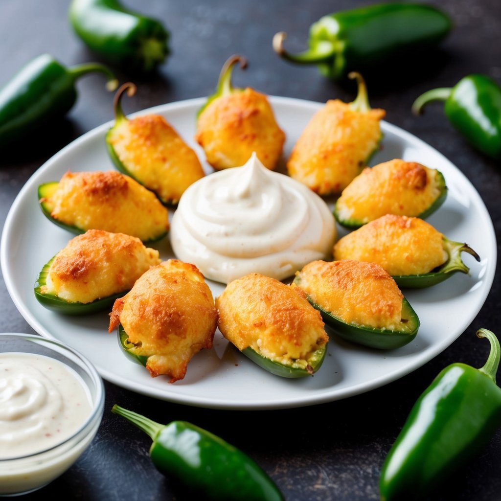 A plate of golden brown spicy jalapeño poppers surrounded by fresh jalapeños and a dollop of creamy dipping sauce