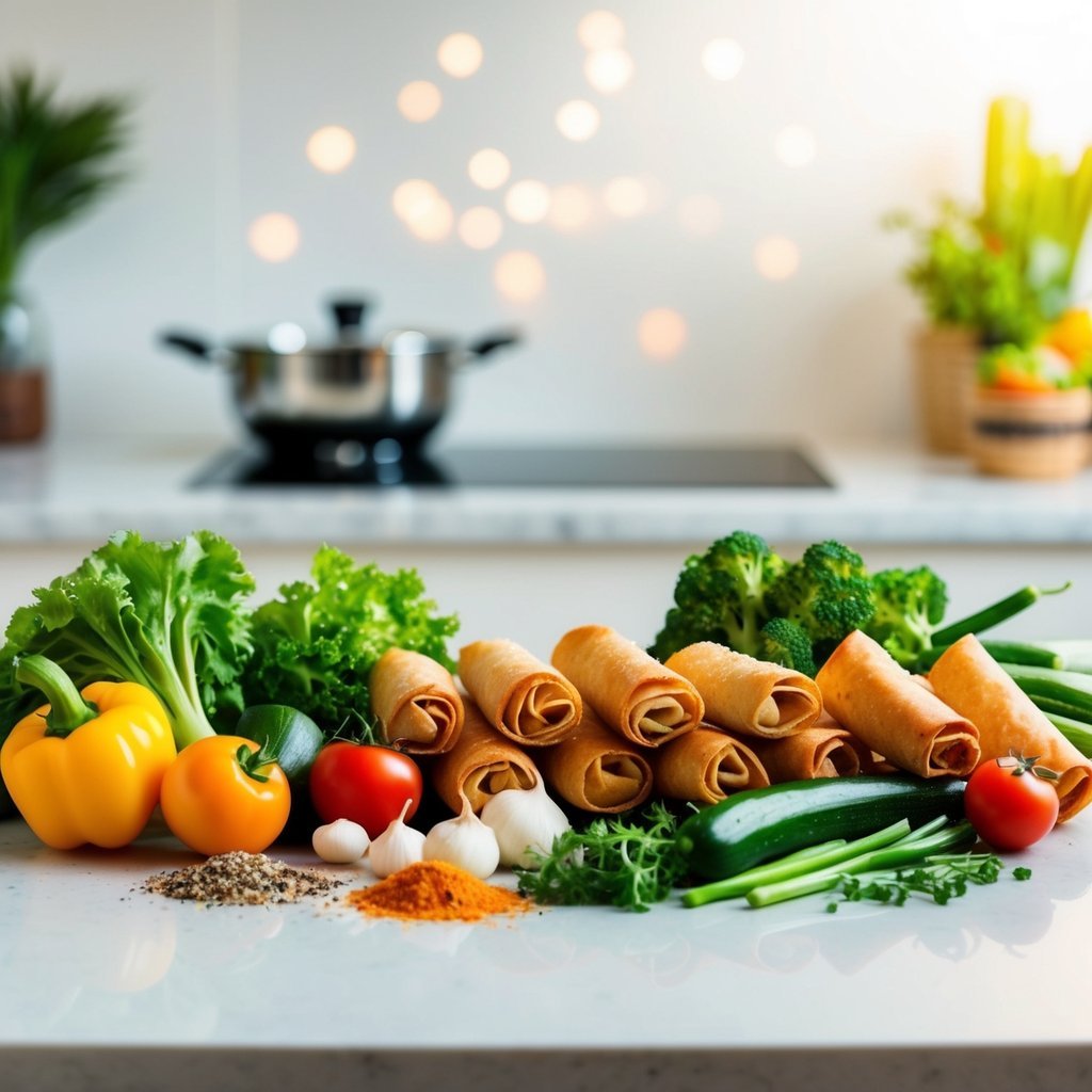 A variety of fresh vegetables and seasonings arranged on a kitchen counter for making crispy egg rolls