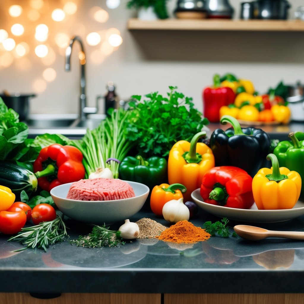 A variety of fresh vegetables, herbs, and spices arranged on a kitchen counter next to a bowl of ground meat and a platter of colorful bell peppers