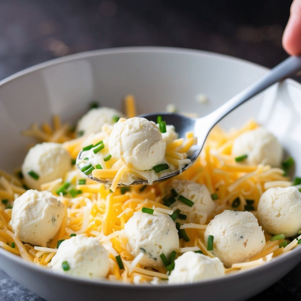 A bowl of cream cheese, chives, and shredded cheese mixed together.</p><p>A spoon scoops out small portions rolled into balls