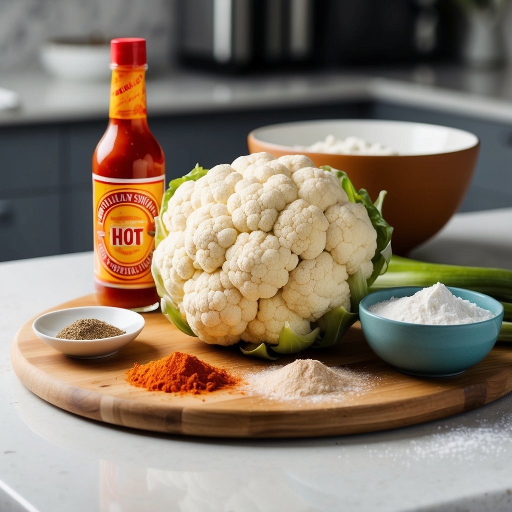 A wooden cutting board with a head of cauliflower, a bottle of hot sauce, a bowl of flour, and various spices scattered around