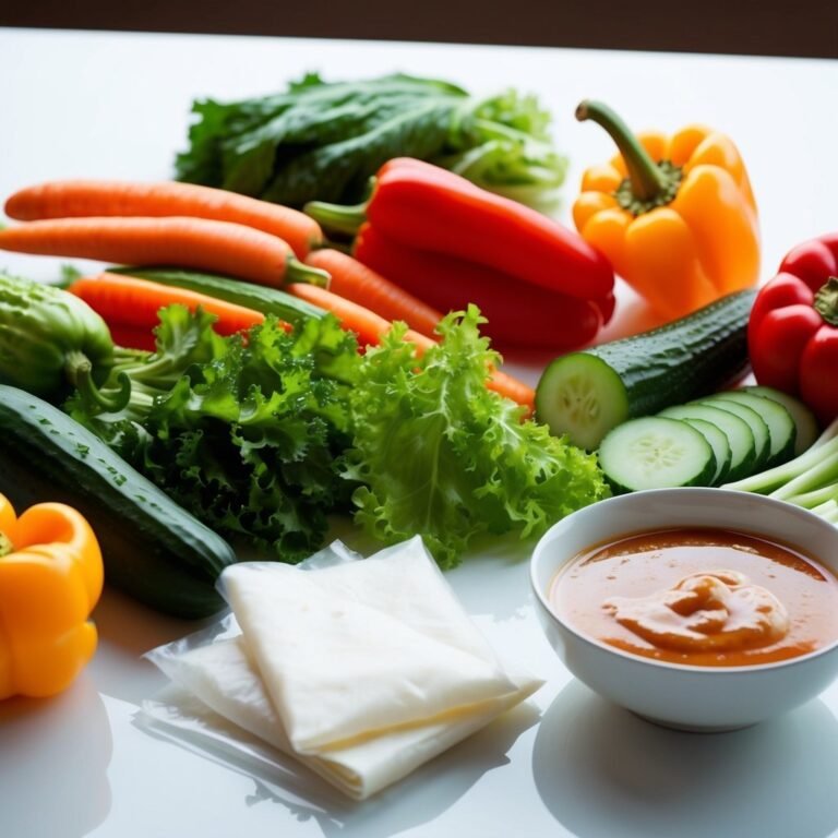 Fresh vegetables, rice paper wrappers, and orange dipping sauce