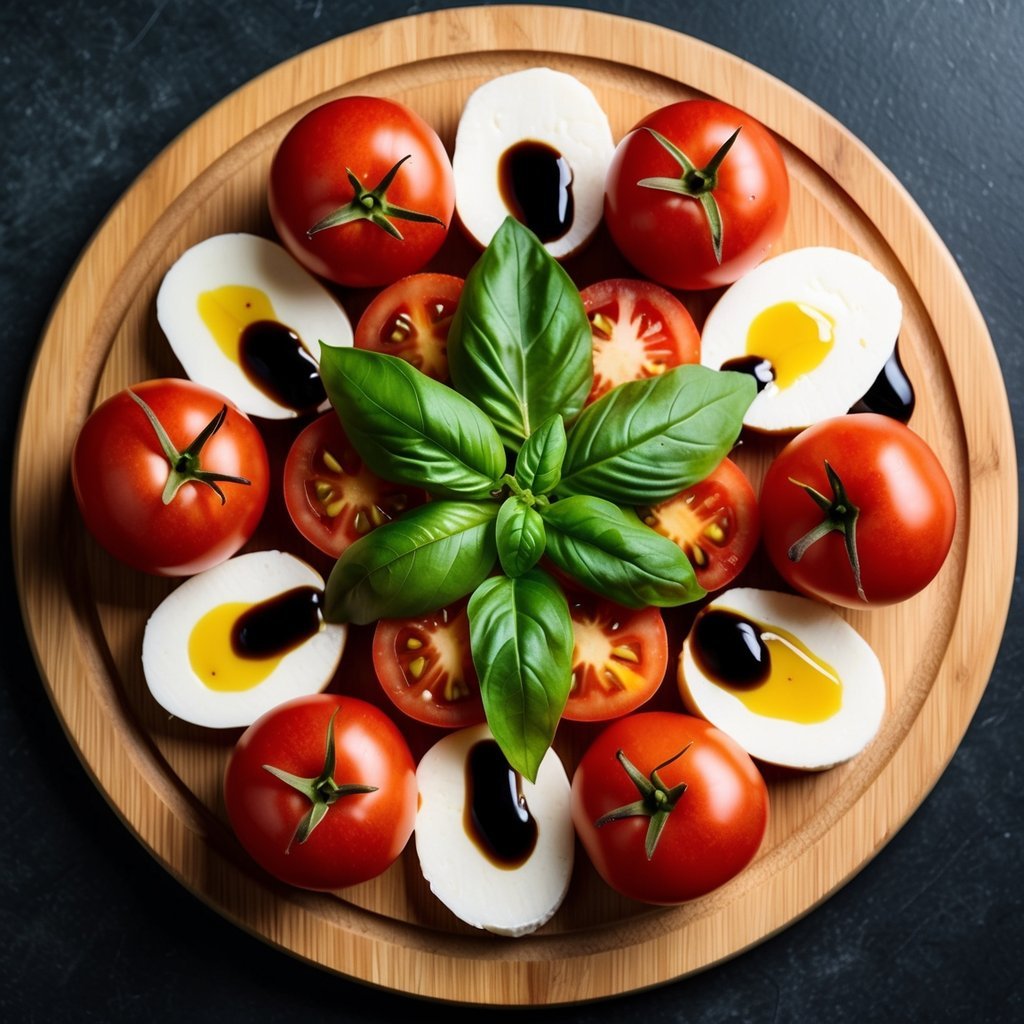 A wooden cutting board with ripe tomatoes, fresh basil leaves, and slices of mozzarella arranged in a circular pattern.</p><p>A drizzle of olive oil and balsamic glaze finishes the dish