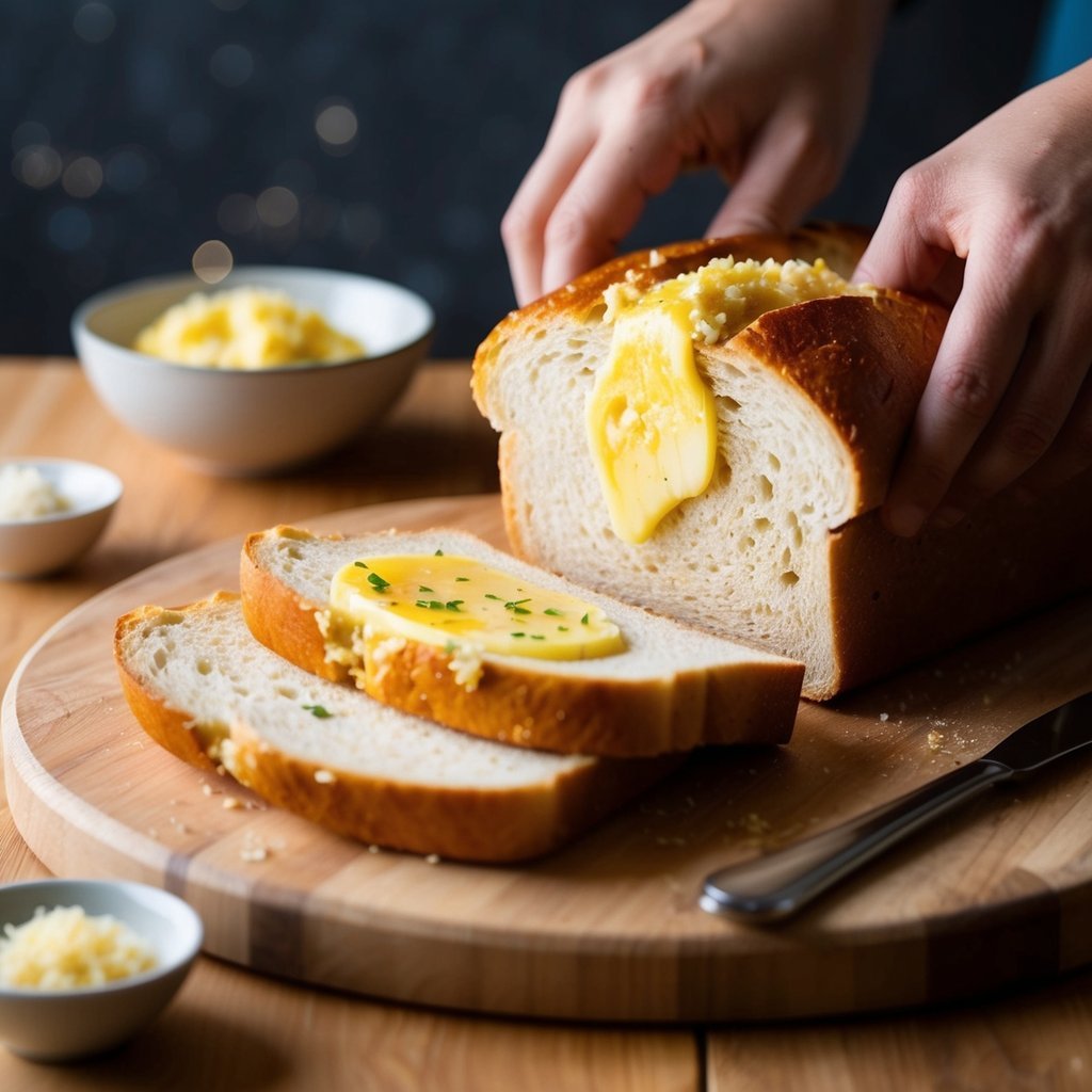 A loaf of bread being sliced and slathered with melted butter and minced garlic, then toasted to golden perfection