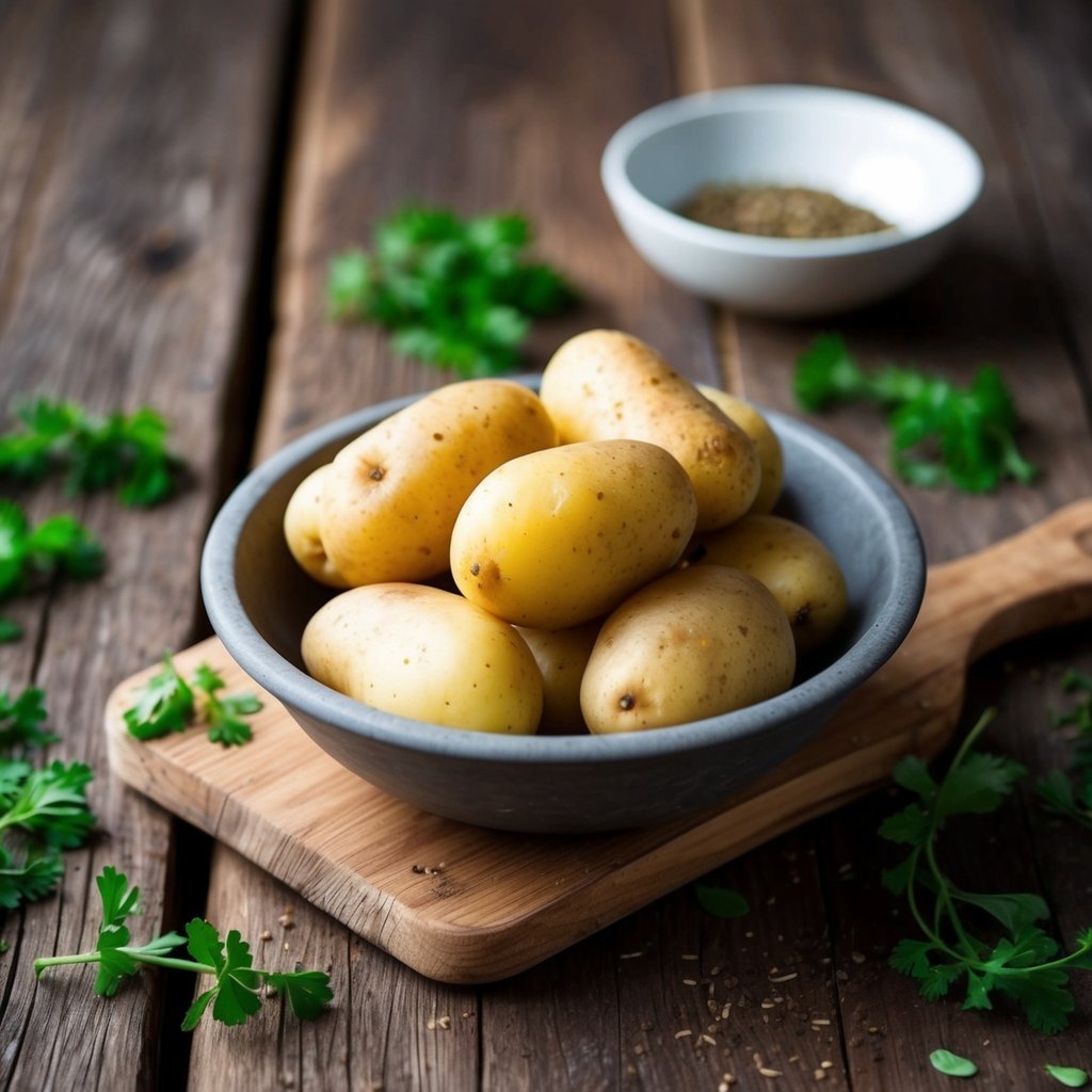 A rustic wooden table with a bowl of raw potatoes, surrounded by scattered herbs and spices