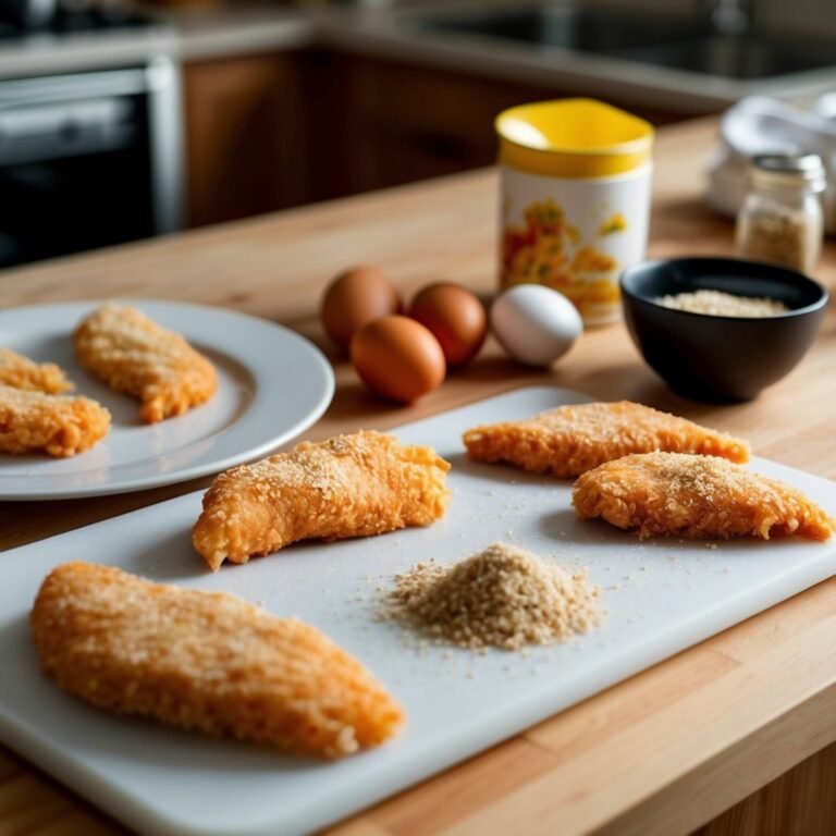 Breaded chicken tenders on a cutting board with sesame seeds