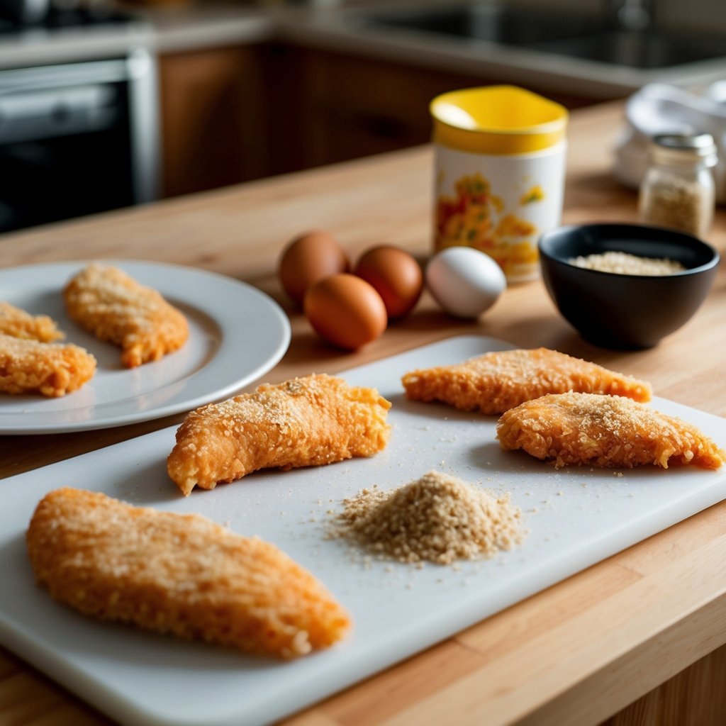 A kitchen counter with raw chicken tenders, breadcrumbs, eggs, and seasoning laid out for preparation