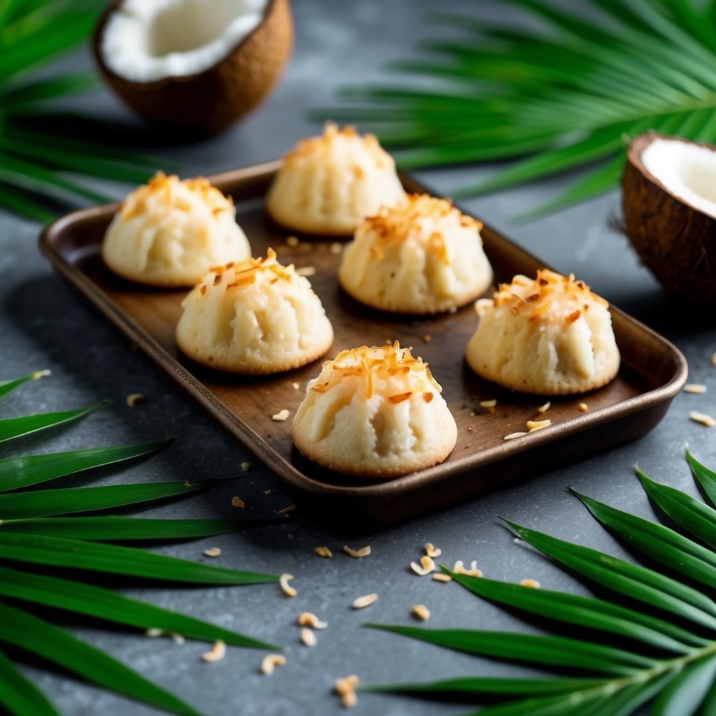 A table with freshly baked tropical coconut macaroons on a rustic wooden tray, surrounded by vibrant green palm leaves and a few scattered coconuts