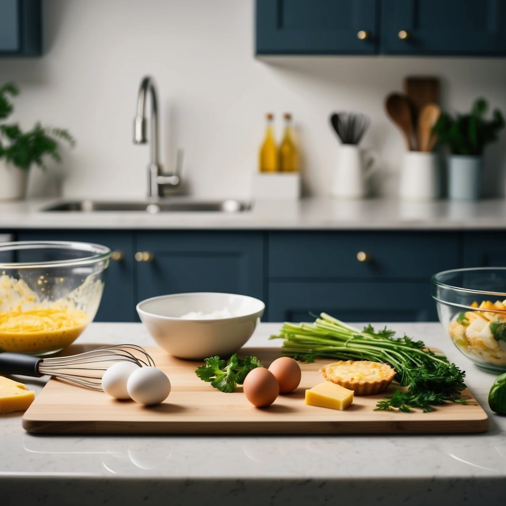 A kitchen counter with ingredients and utensils laid out for making mini quiches.</p><p>A mixing bowl, whisk, eggs, cheese, and vegetables are visible