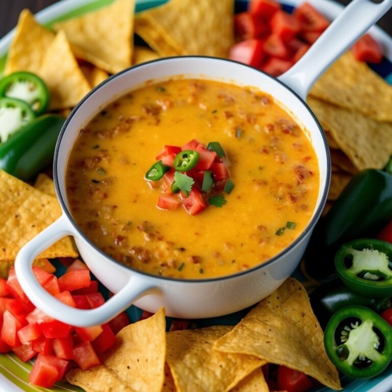 White bowl of cheesy dip with tortilla chips and diced tomatoes