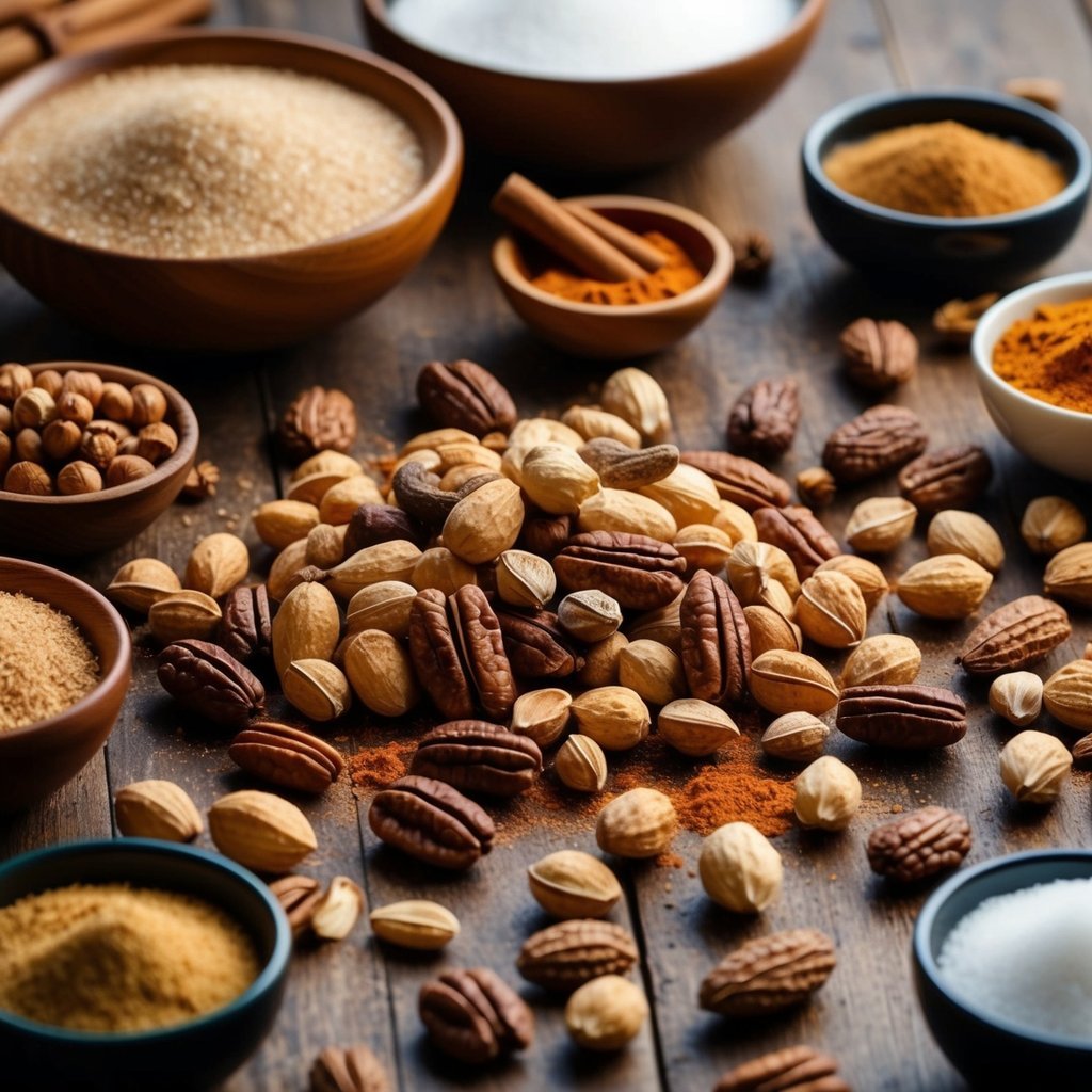 A variety of nuts and spices are scattered across a wooden table, surrounded by bowls of cinnamon, sugar, and other flavorings