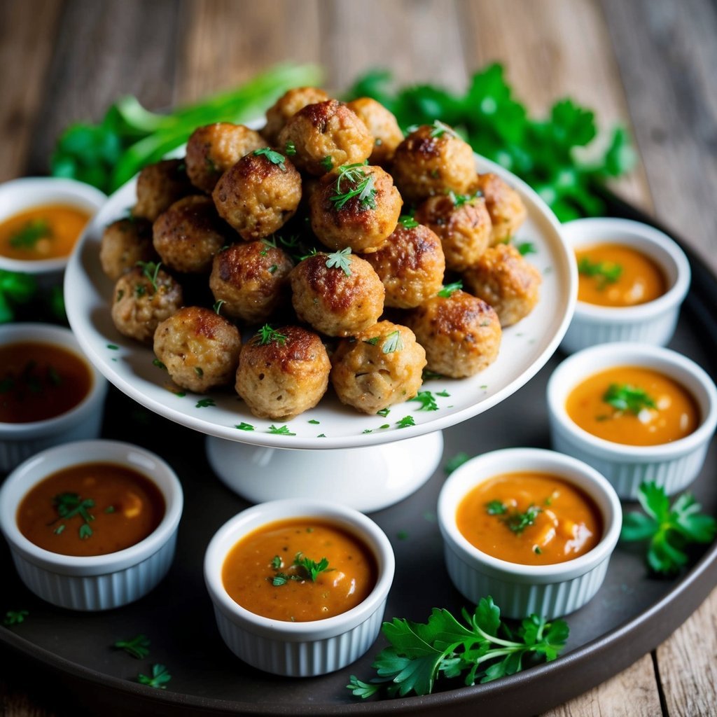 A platter of golden-brown mini meatballs, garnished with fresh herbs, surrounded by small dishes of dipping sauce