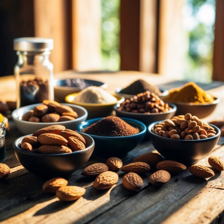 Assortment of spices and almonds in bowls on wood