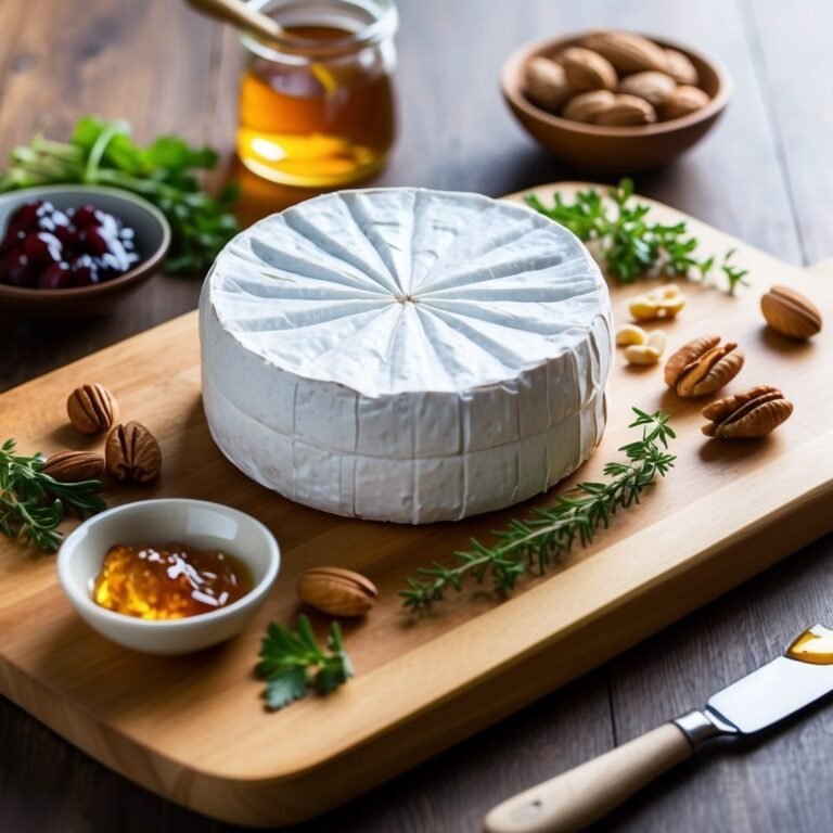 Wheel of brie cheese on wooden board with nuts and honey