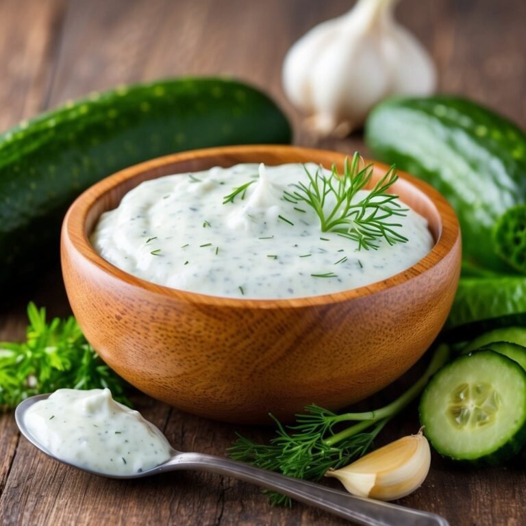 Tzatziki dip in wooden bowl with cucumbers and dill