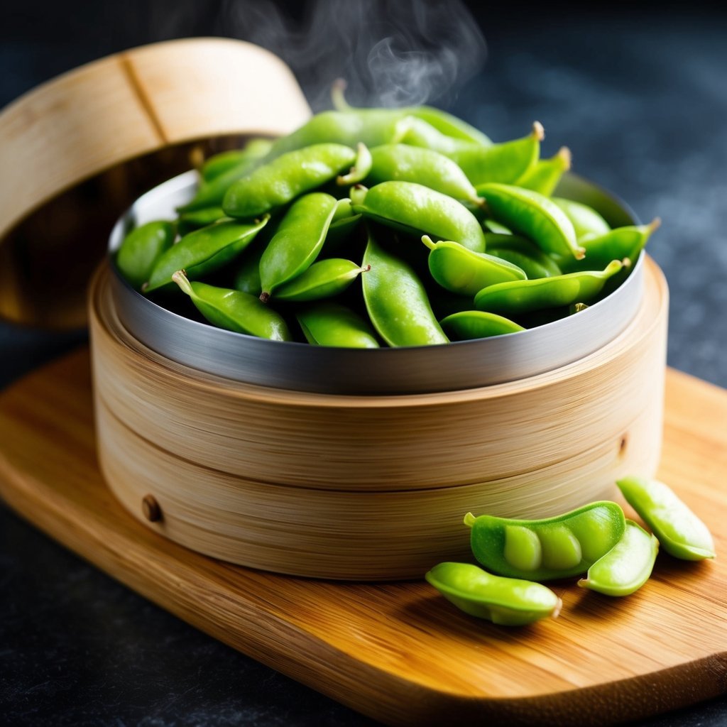 A pile of steamed edamame in a bamboo steamer, with a few pods spilling out onto a wooden cutting board