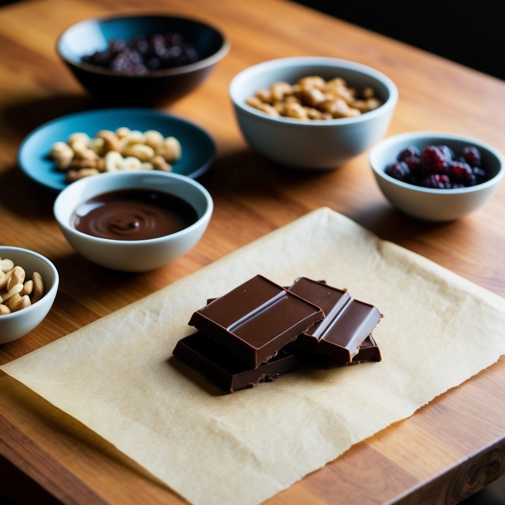 A wooden table with a parchment paper spread out, surrounded by bowls of melted chocolate, nuts, and dried fruit